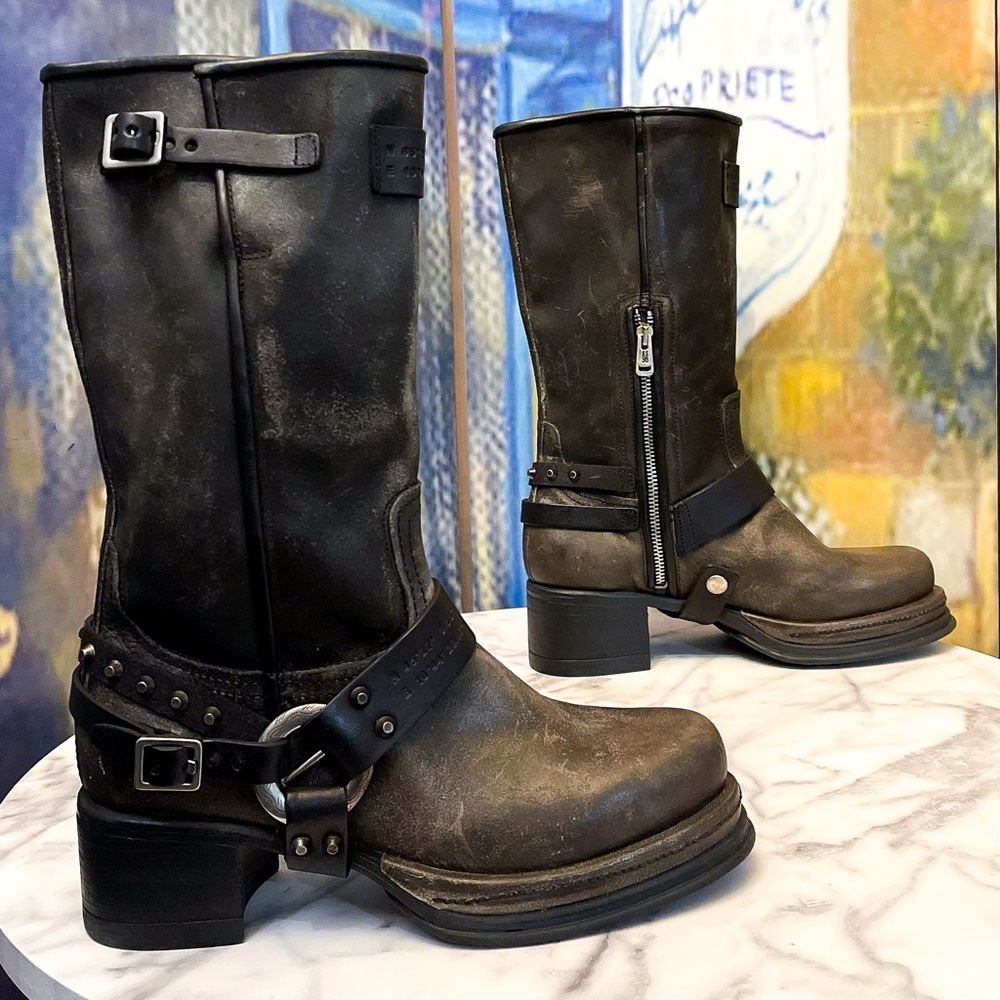 A.S.98 Chase Leather Harness Moto Boots Brushed Smoke Brown Black 40 EUC - Picture 4 of 9